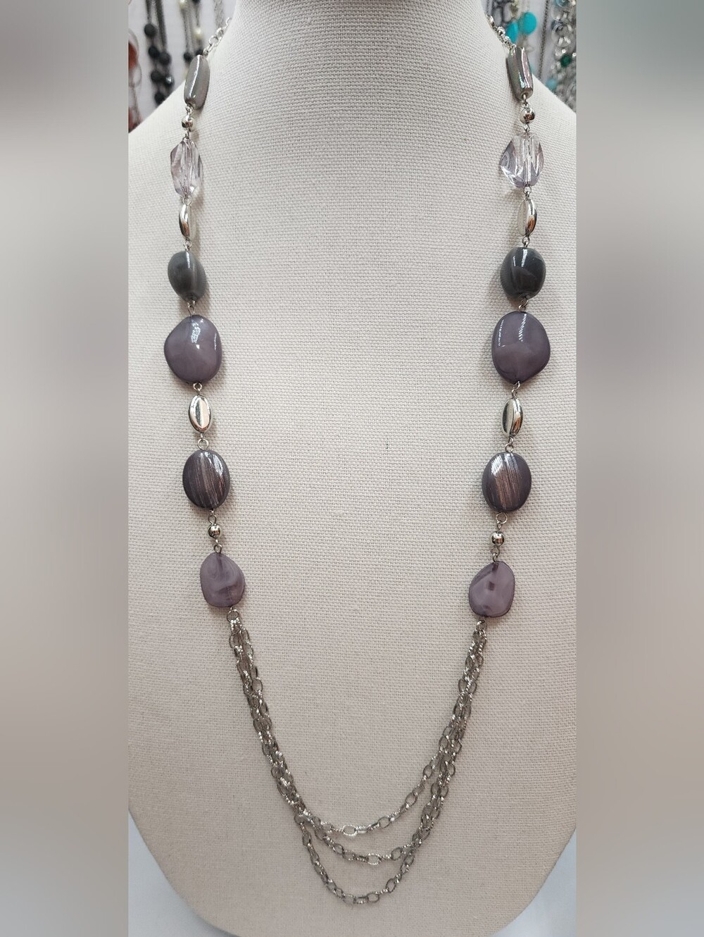 Long Layering Necklace Avenue Silver Tone Chain Gray Grey 38" Inches 3" Extender